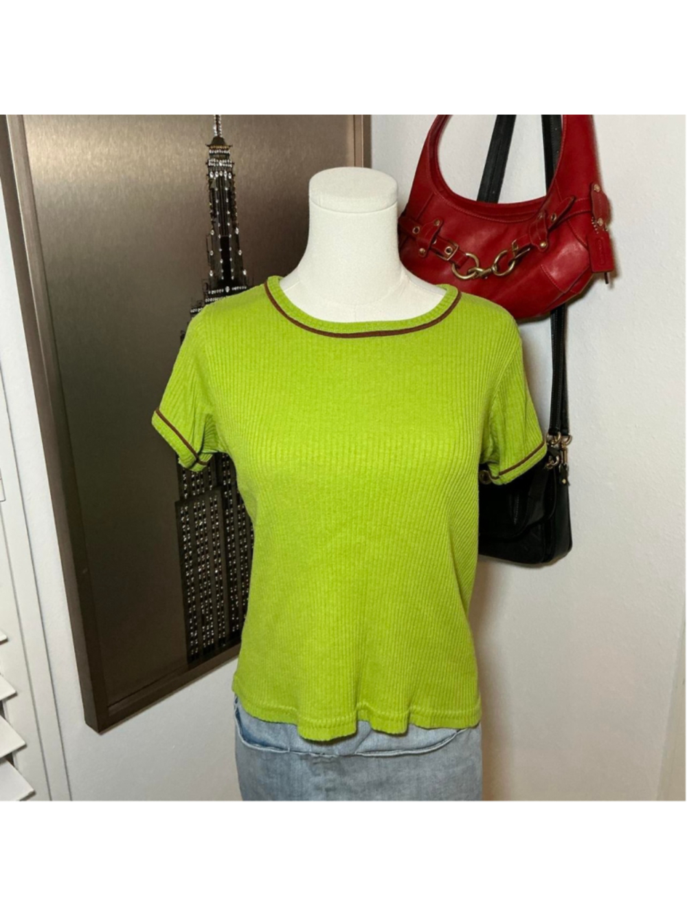 Xhilaration Lime Green Ribbed Baby Tee Brown Trim Y2K
